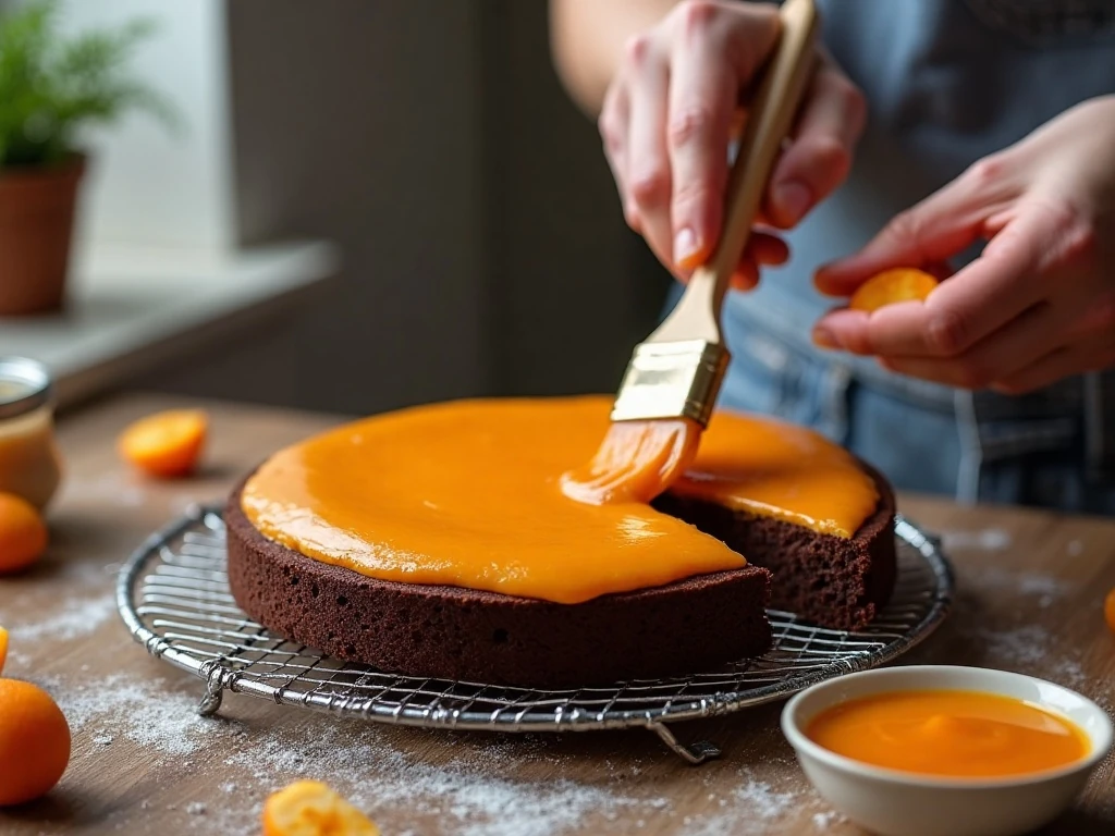 Spreading warm apricot jam between layers of chocolate sponge