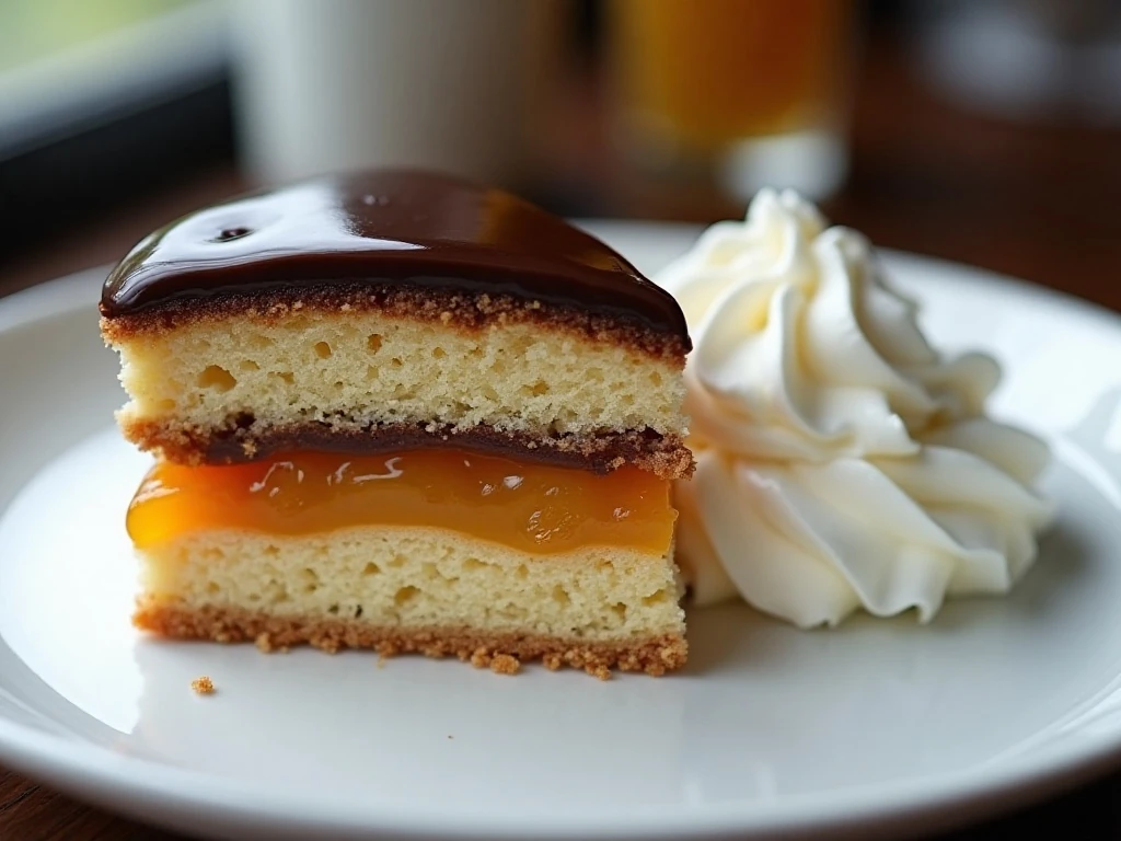 Slice of authentic Sacher-Torte served with unsweetened whipped cream