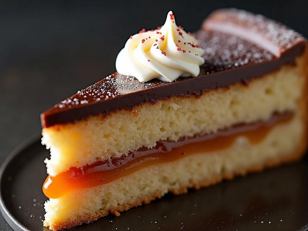 Close-up of Sacher-Torte layers, apricot jam, and glossy chocolate glaze