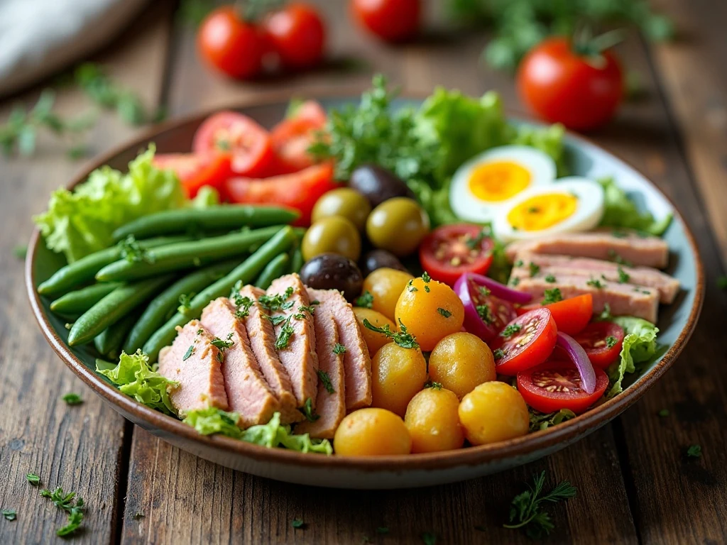 Colorful composed Salad Niçoise arranged on a platter