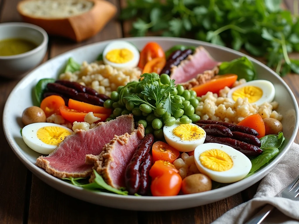Salad Niçoise served family-style with bread