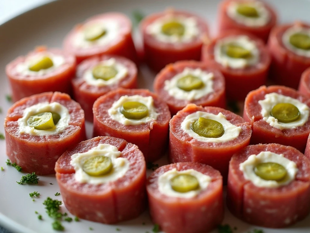 Platter of salami cream cheese pickle pinwheels