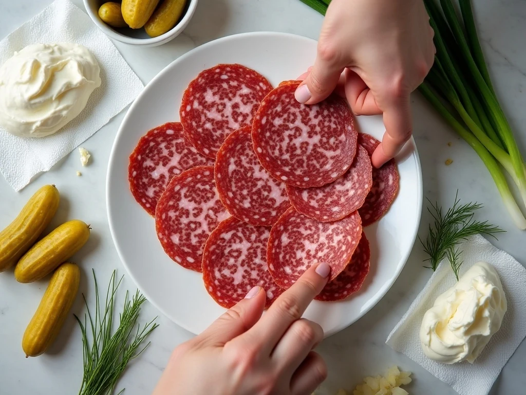 Ingredients for salami cream cheese pickle pinwheels