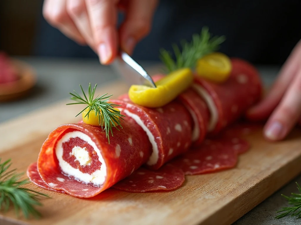 Preparing salami cream cheese pickle rolls