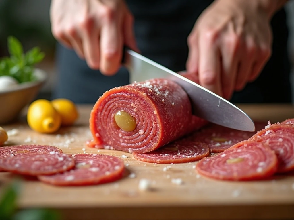 Cutting chilled salami pickle pinwheels