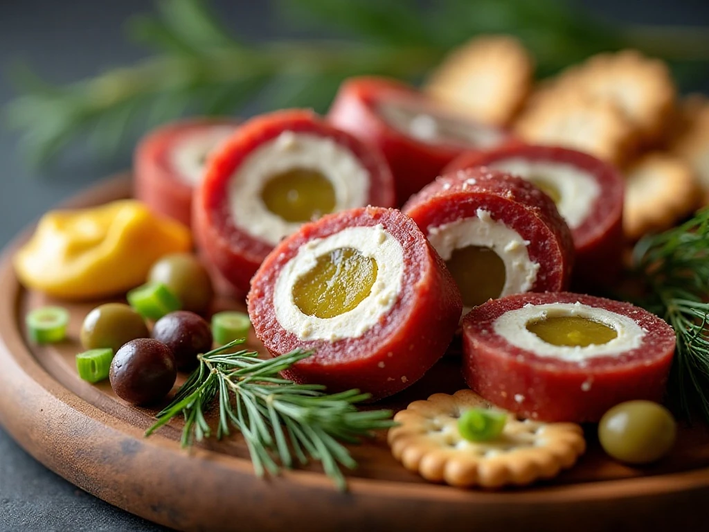 Salami pickle pinwheels on an appetizer board
