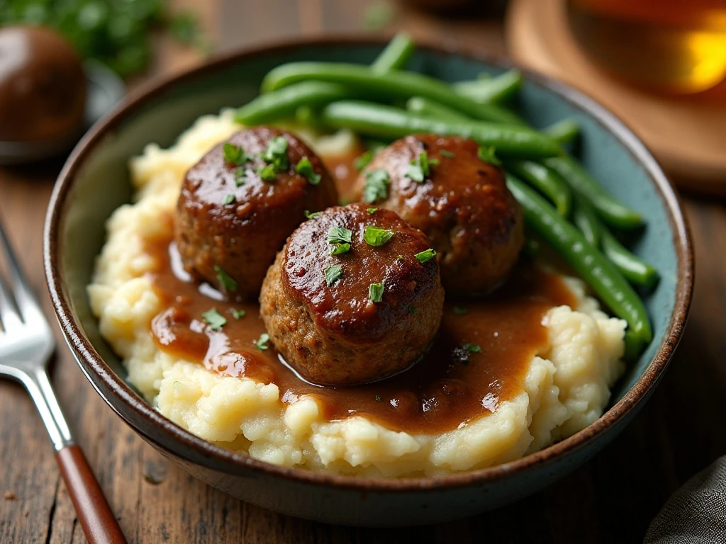 Salisbury steak meatballs with mushroom gravy served over mashed potatoes