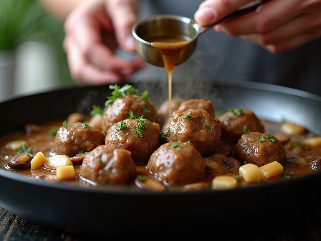 Meatballs simmering in mushroom-onion brown gravy