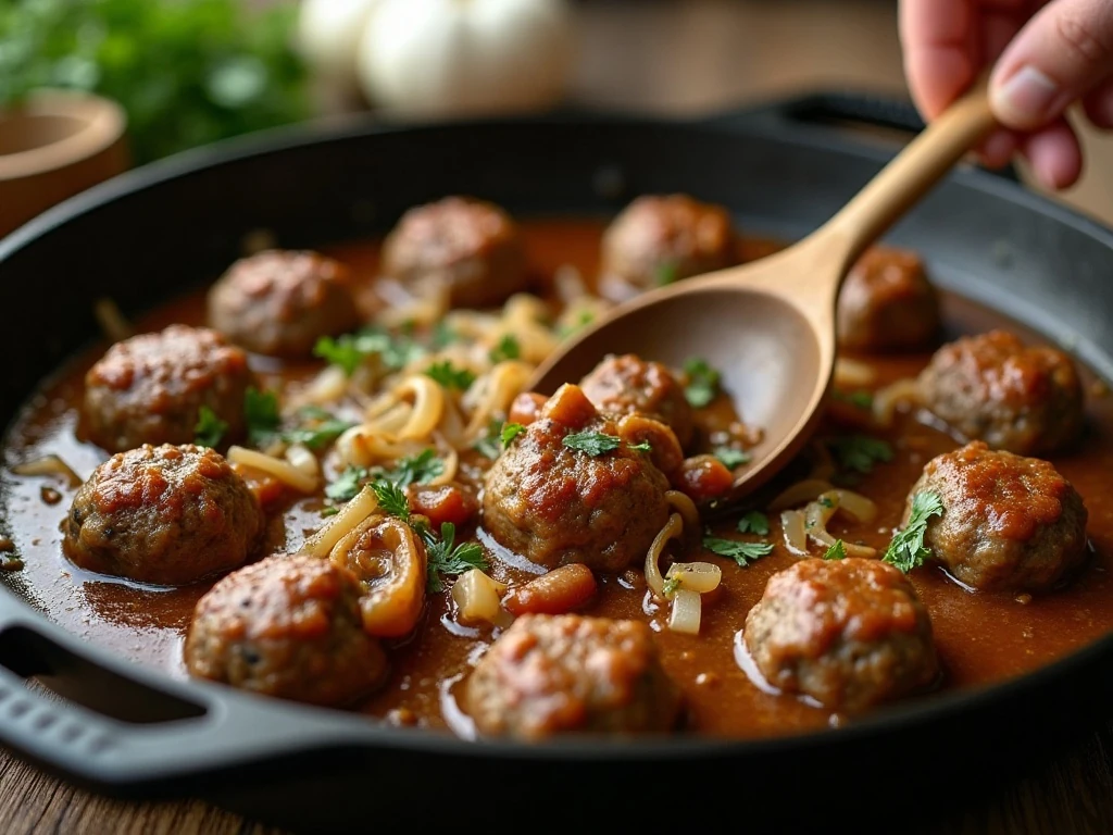 Mushroom and onion gravy cooking with browned meatballs