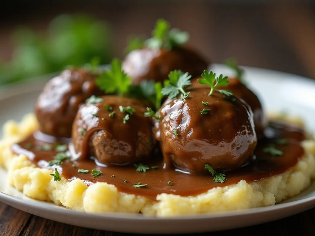 Close-up of Salisbury steak meatballs garnished with parsley