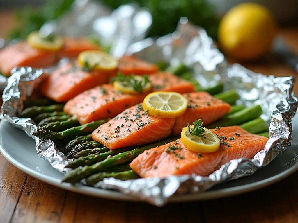 Salmon and asparagus foil packs ready to serve
