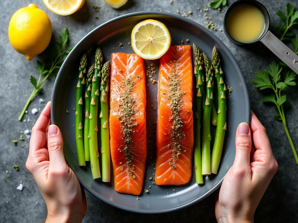 Ingredients for easy salmon and asparagus foil packs