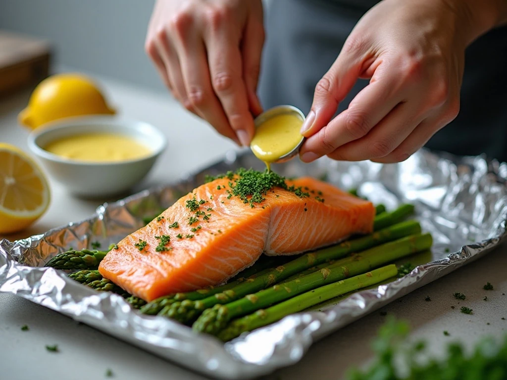 Assembling salmon and asparagus foil packets
