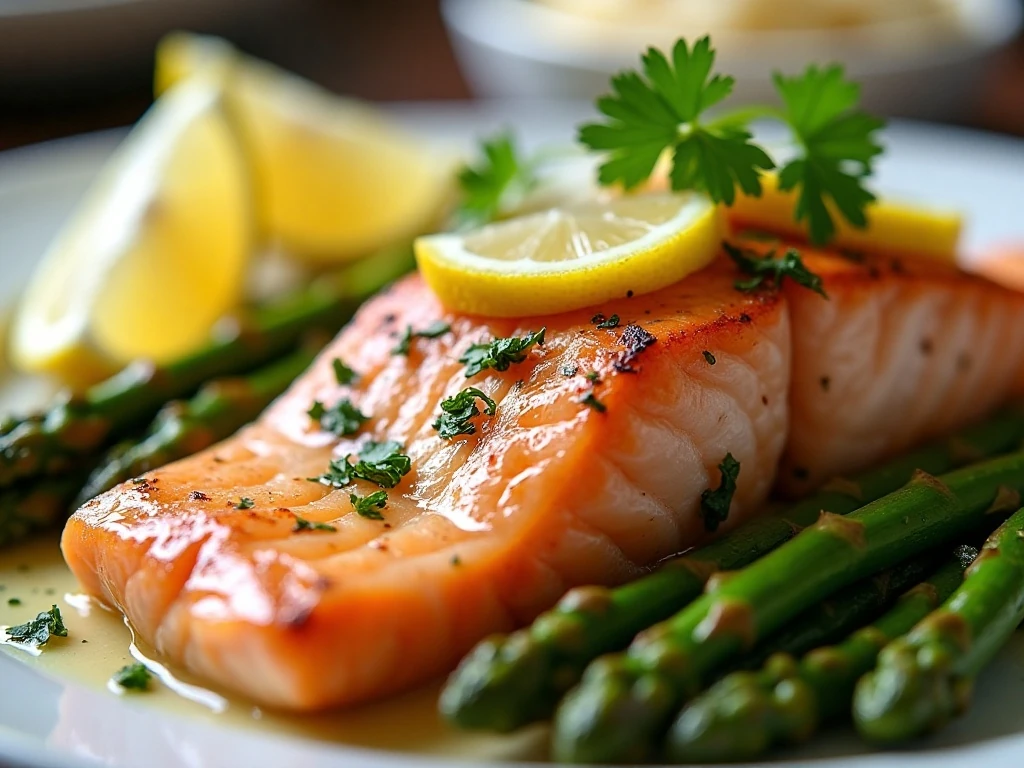 Close-up of salmon and asparagus with lemon herb garnish