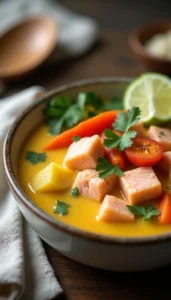 Creamy Salmon Coconut Chowder Recipe with Potatoes and Lime