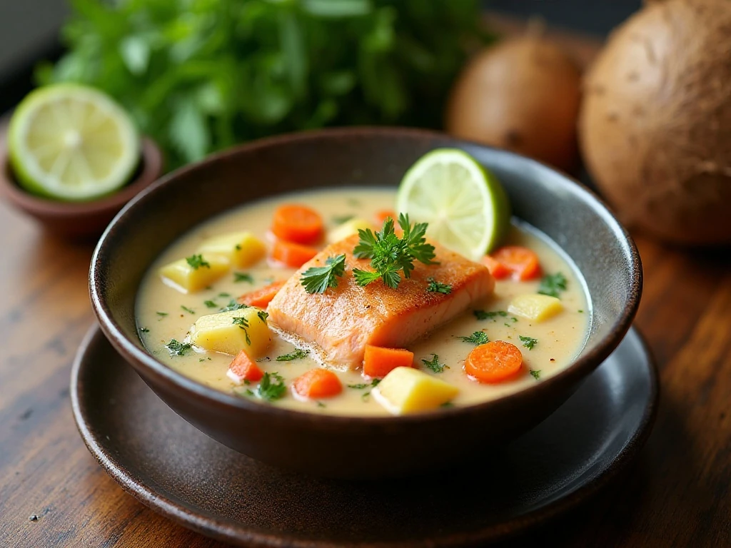Creamy salmon coconut chowder served in a bowl with potatoes, vegetables, herbs, and lime