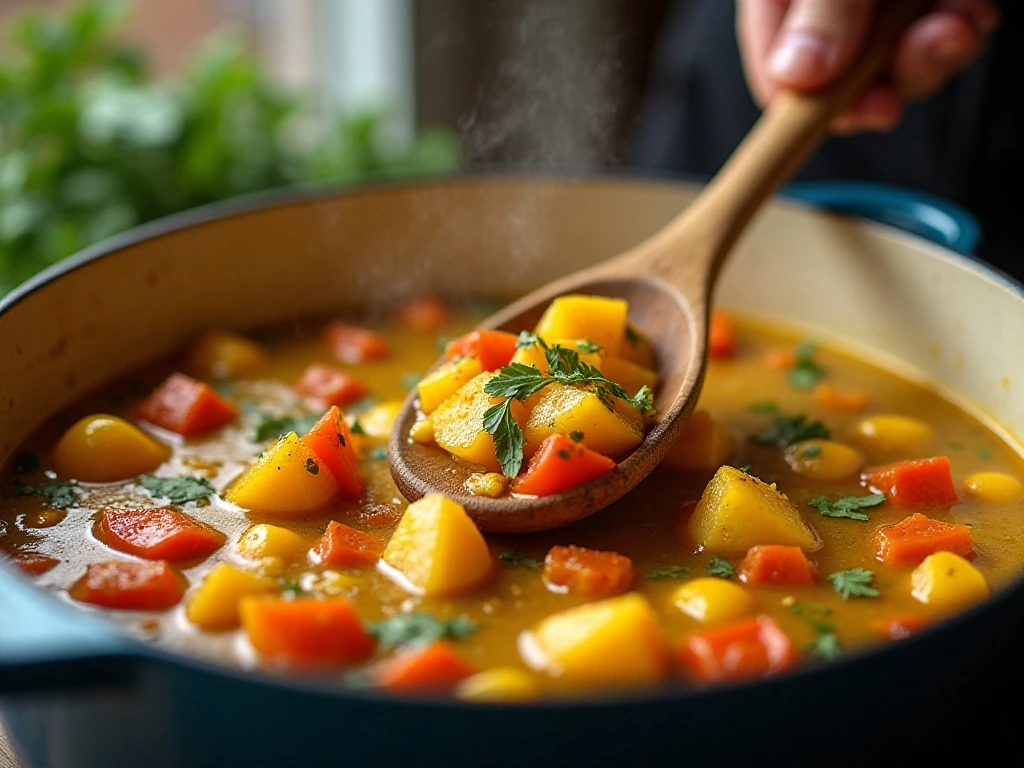 Vegetables and potatoes cooking in a pot for salmon coconut chowder