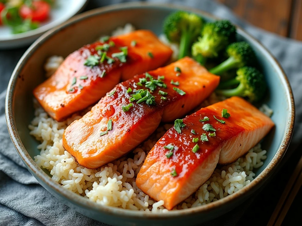 Four glazed salmon teriyaki fillets served with rice and broccoli