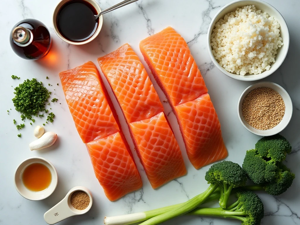 Ingredients for quick homemade salmon teriyaki