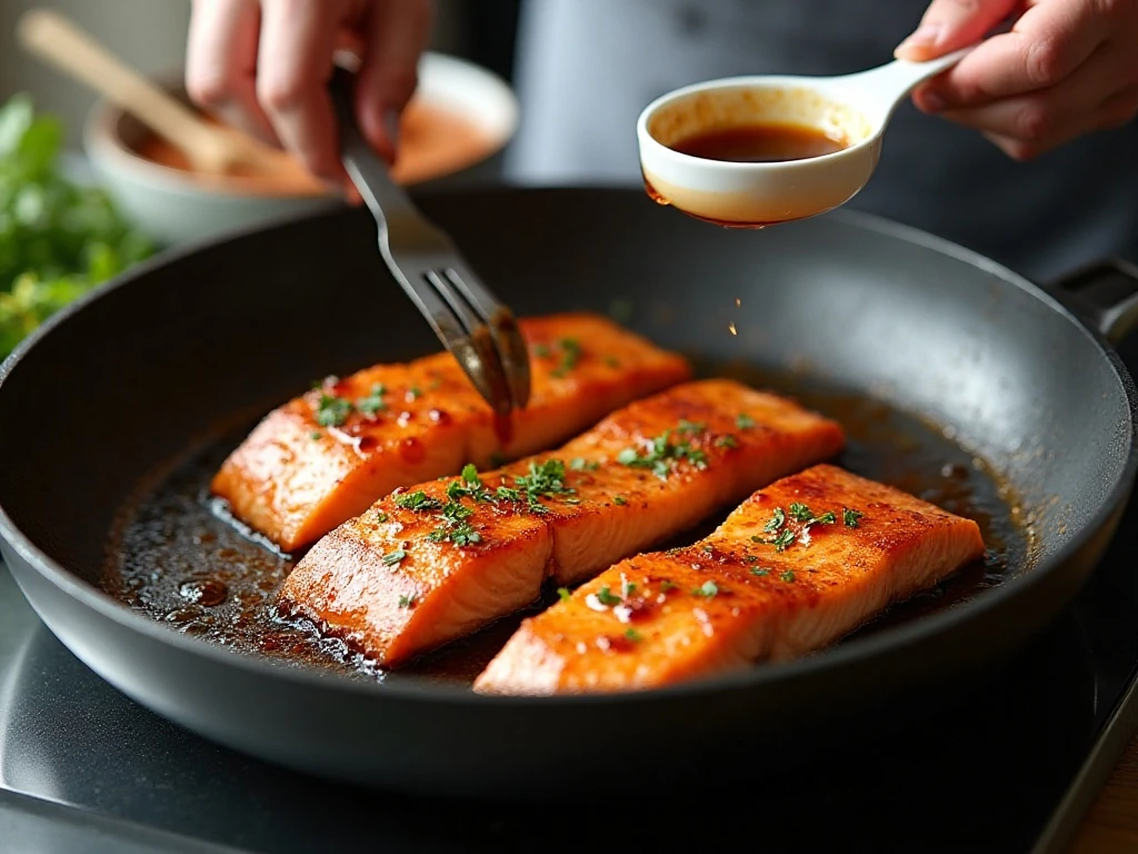 Salmon fillets browning in a skillet for teriyaki salmon