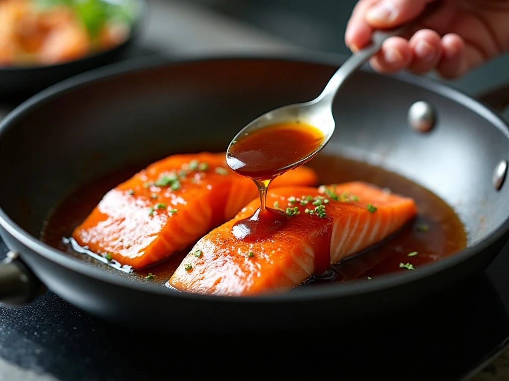 Basting salmon with gently simmered teriyaki sauce