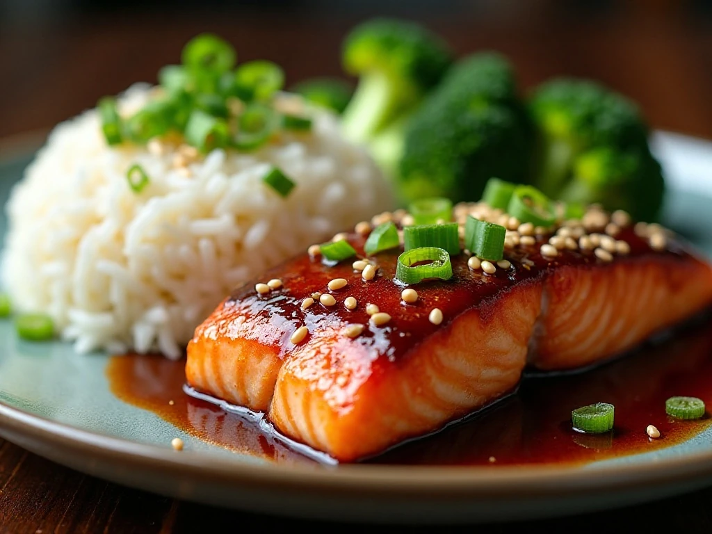 Teriyaki salmon garnished with sesame seeds and green onions
