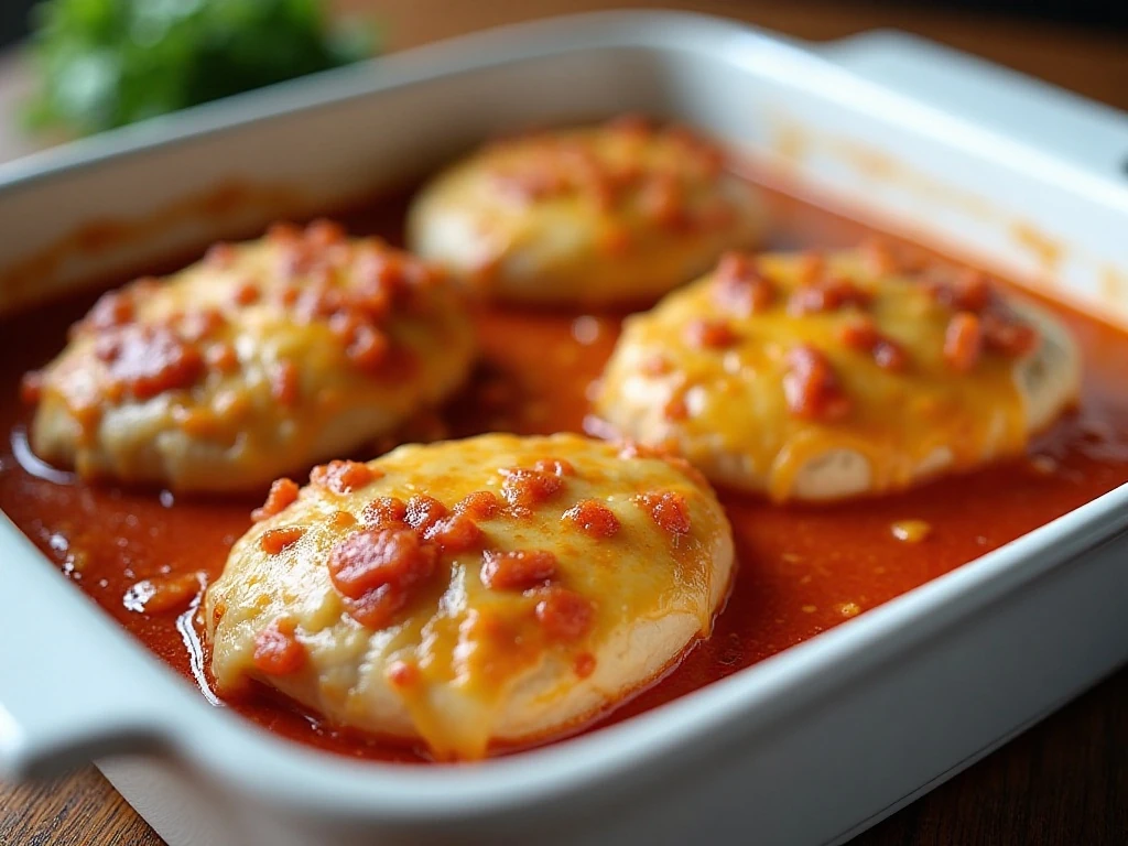 Four-ingredient salsa chicken topped with melted cheese and chunky salsa