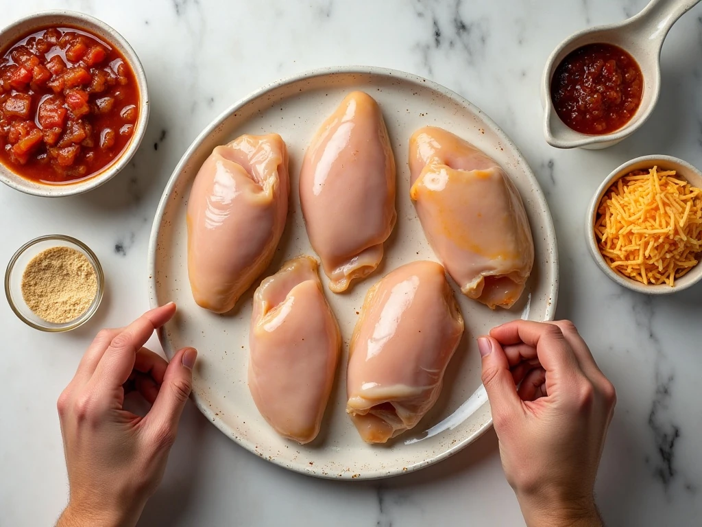 Four ingredients for easy salsa chicken arranged in a flat lay
