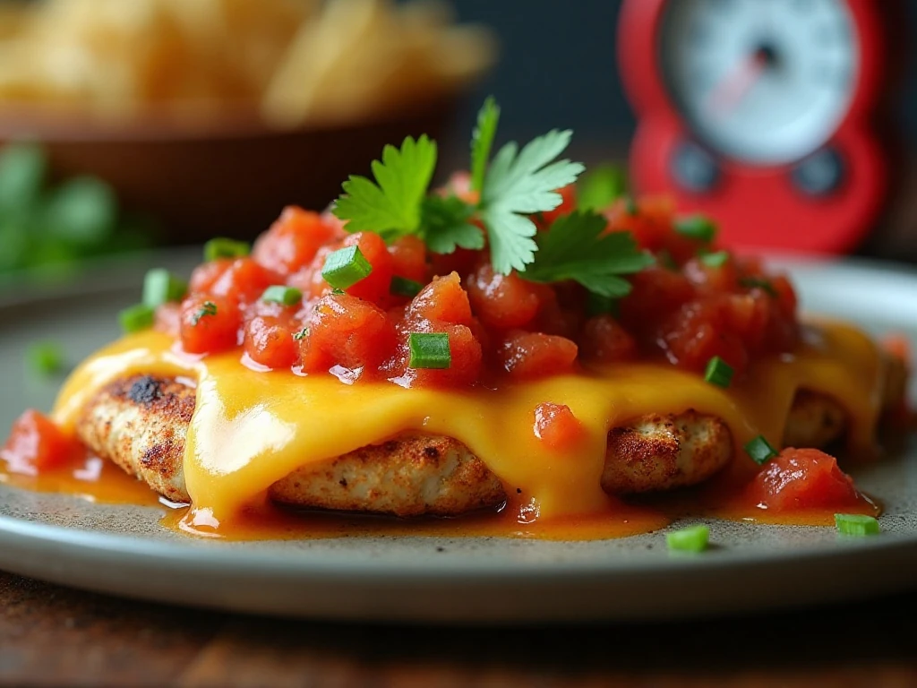 Close-up of tender salsa chicken with melted cheese and chunky salsa