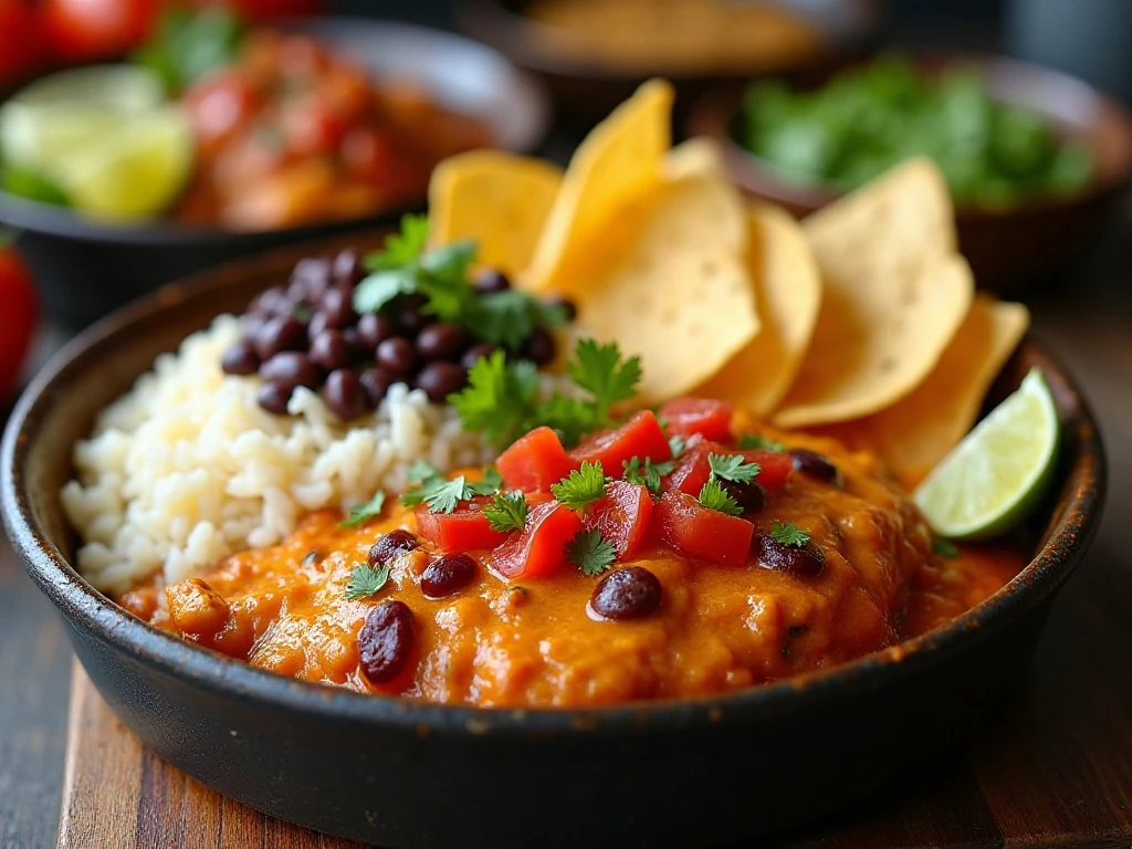 Salsa chicken served with tortilla chips, rice, beans, and lime