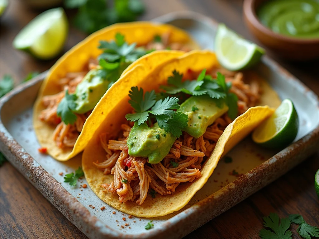 Shredded salsa verde chicken tacos with cilantro, lime, and avocado