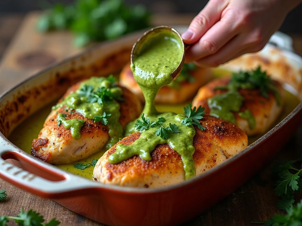 Chicken covered with salsa verde before baking