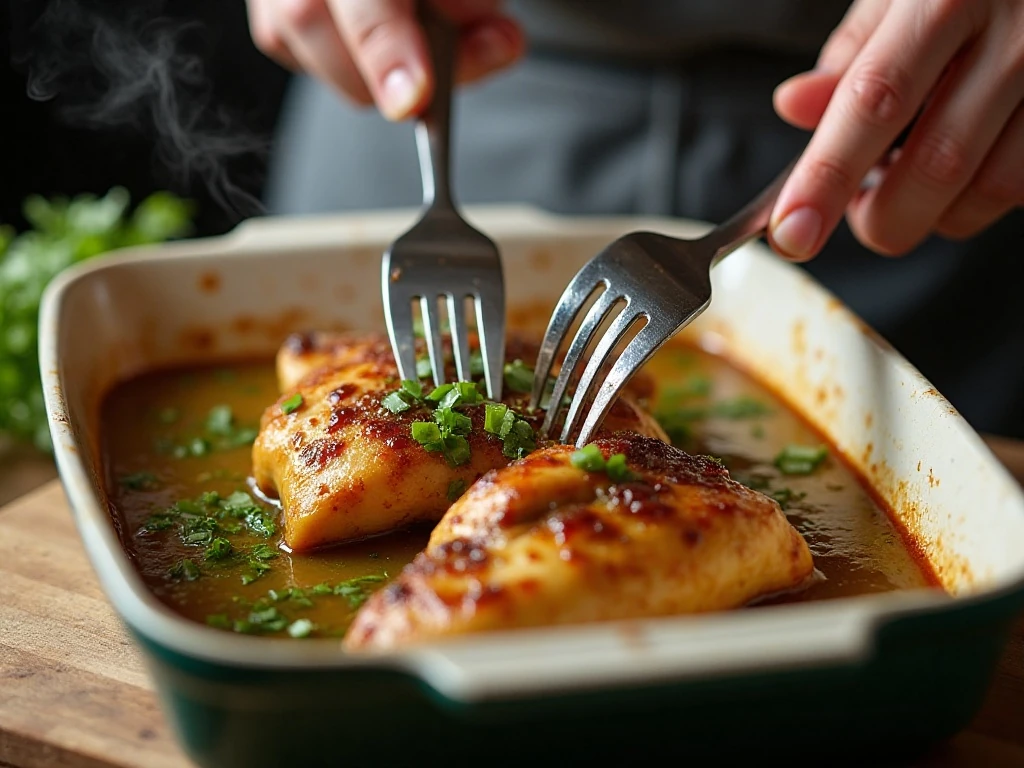 Shredding tender chicken in salsa verde