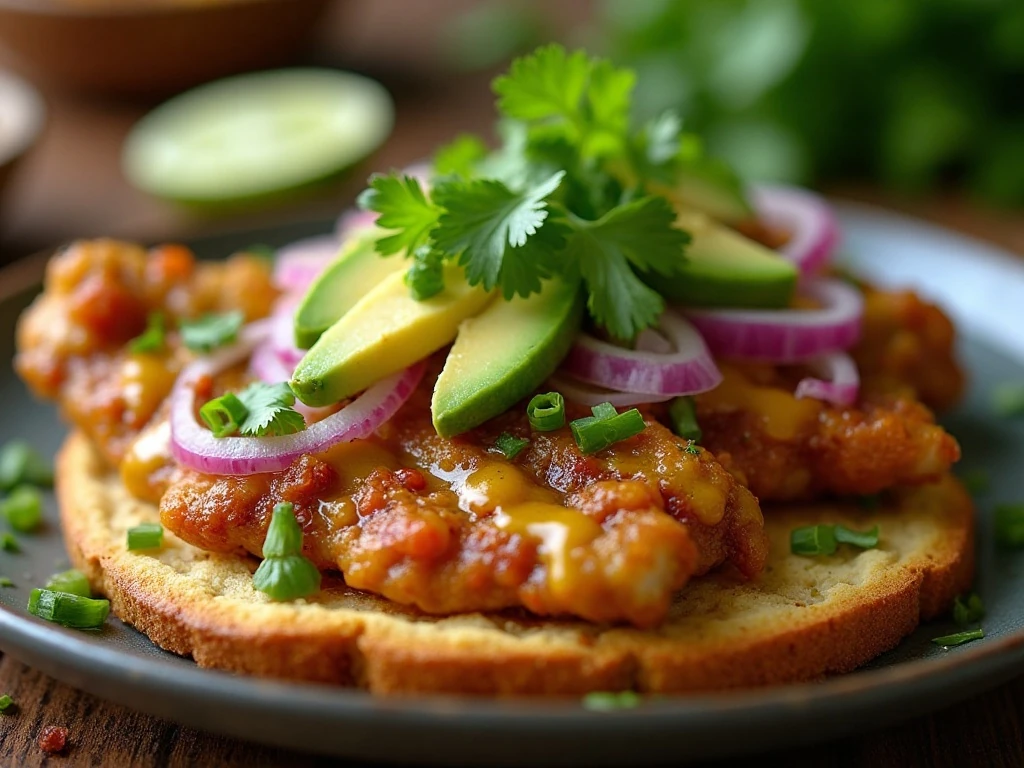 Salsa verde chicken garnished with cilantro, lime, cheese, and avocado