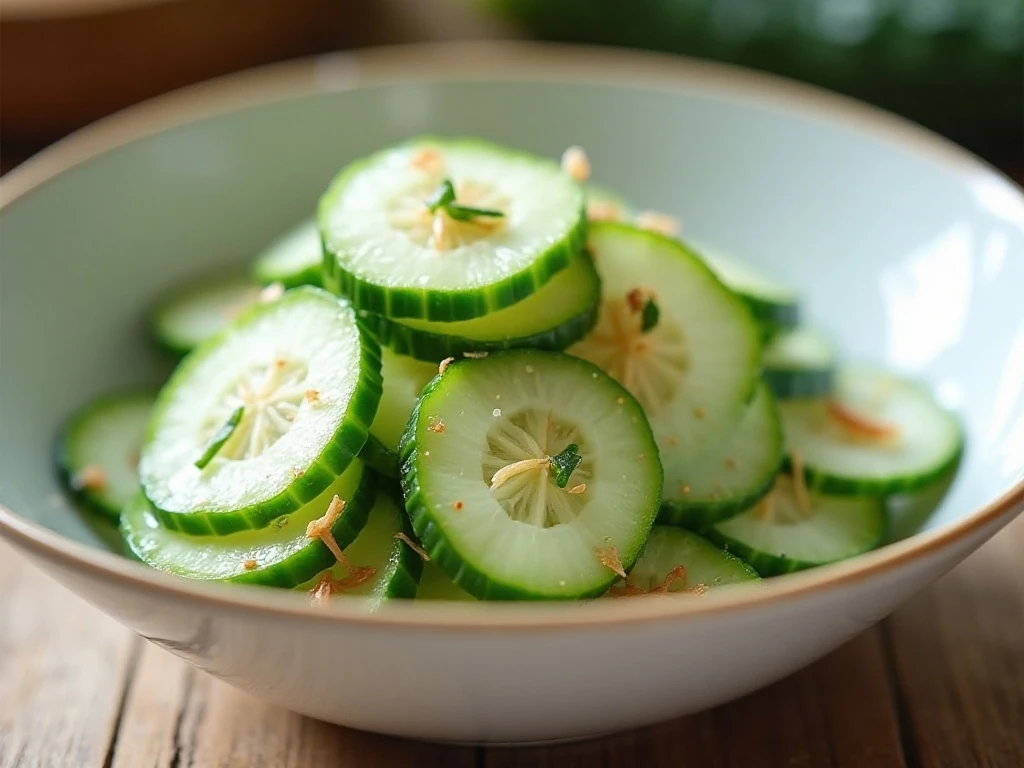 Chilled salt and vinegar cucumber salad in a white serving bowl