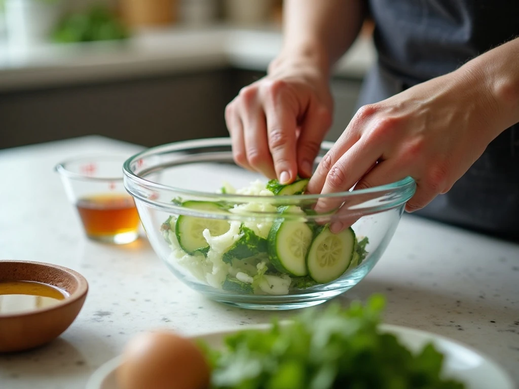 Slicing cucumbers and onion for vinegar cucumber salad