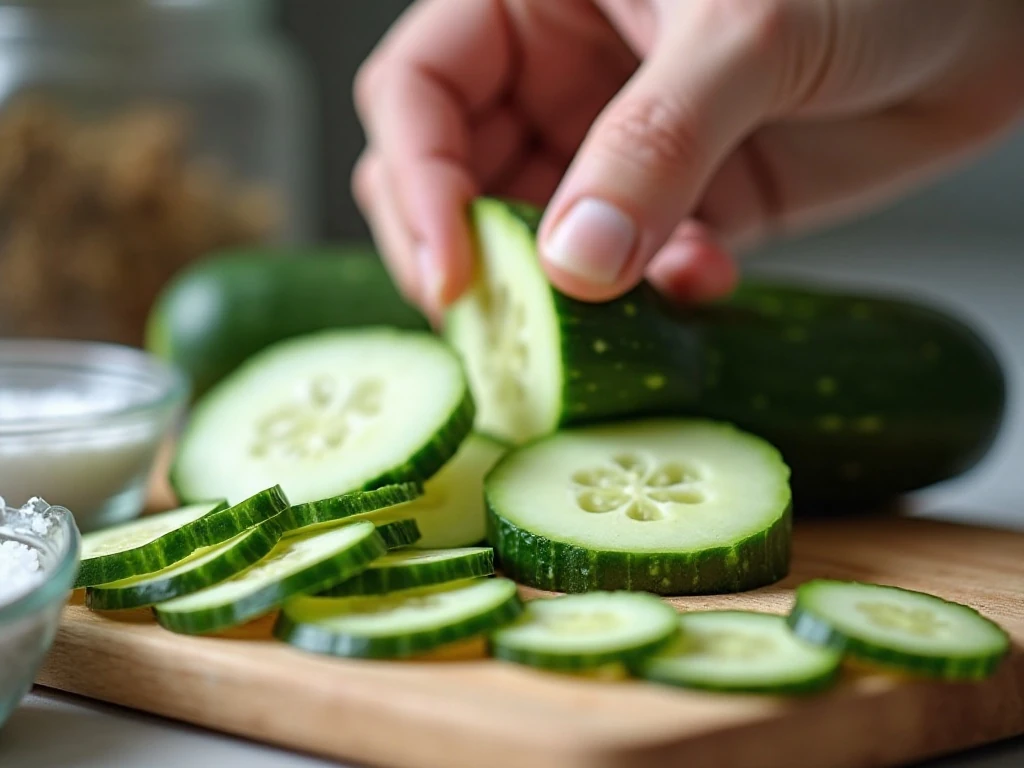 Thin cucumber slices prepared for a crisp vinegar salad