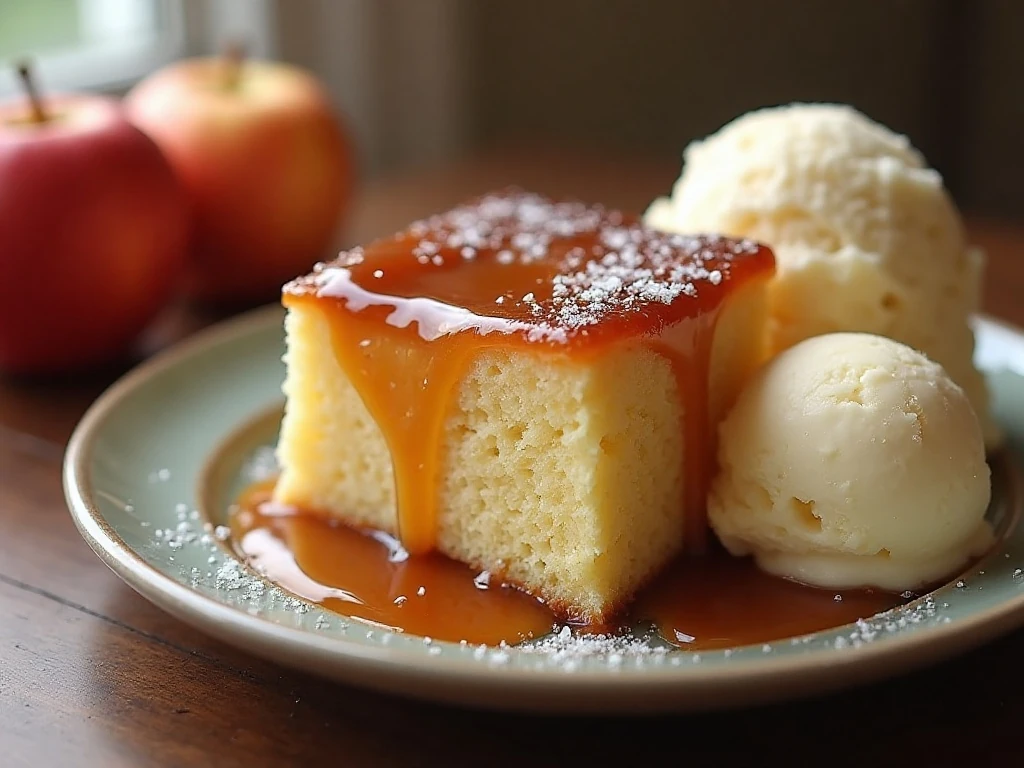 Slice of moist salted caramel apple cake served with vanilla ice cream