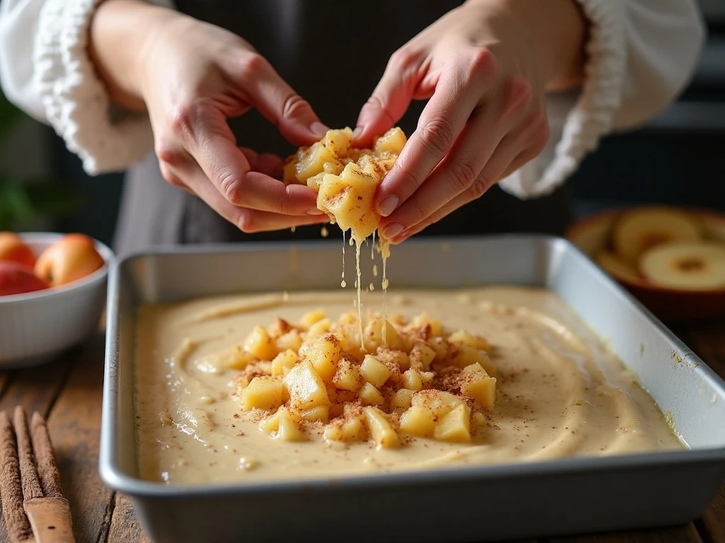Mixing apple cake batter before baking