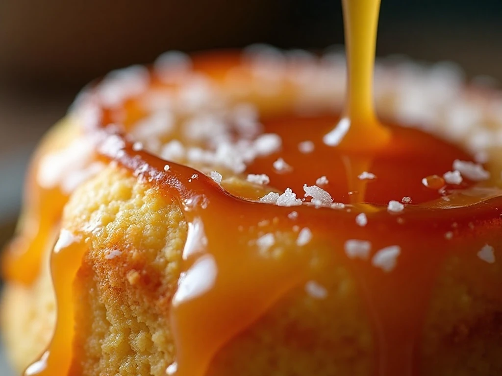 Flaky sea salt sprinkled over caramel apple cake
