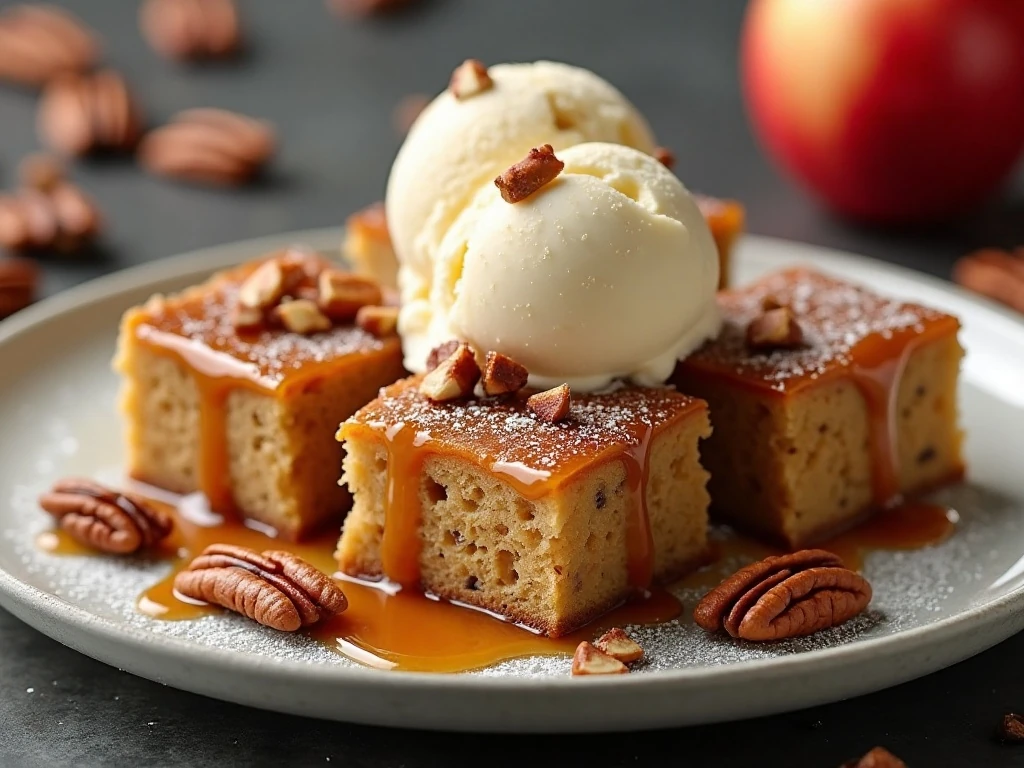 Salted caramel apple cake squares ready to serve