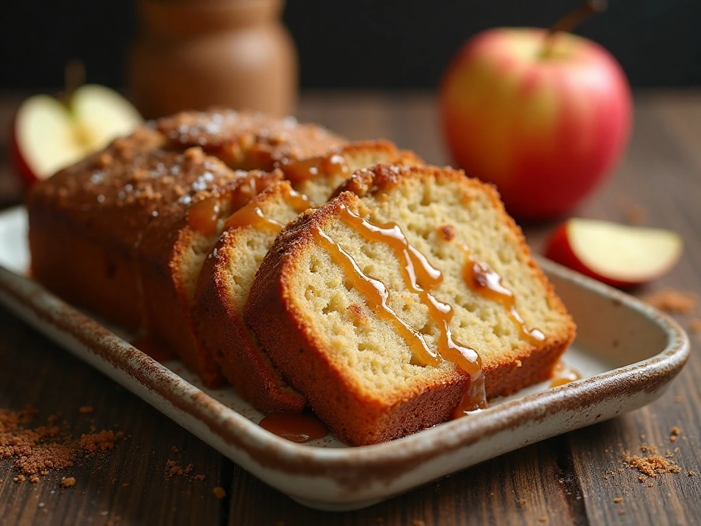 Sliced salted caramel apple cake with glossy caramel topping
