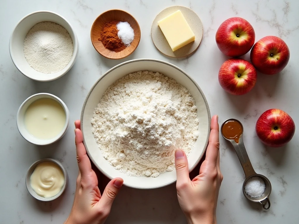 Ingredients for salted caramel apple cake and caramel sauce