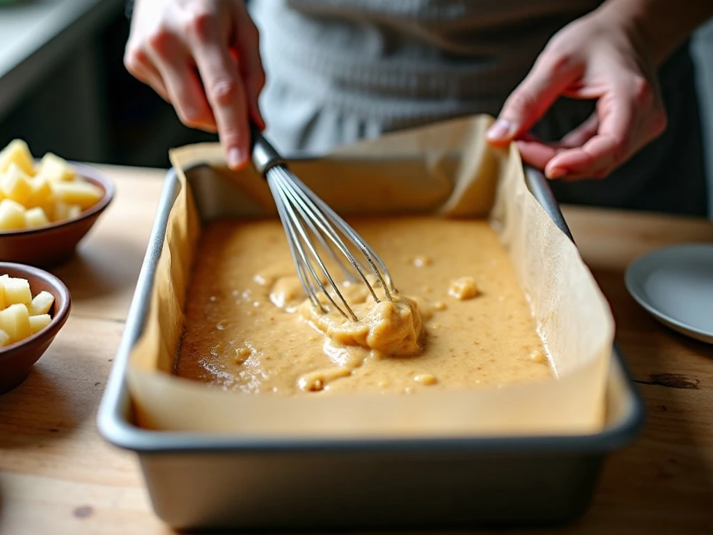 Apple cake batter spread in a 9 x 13-inch baking pan