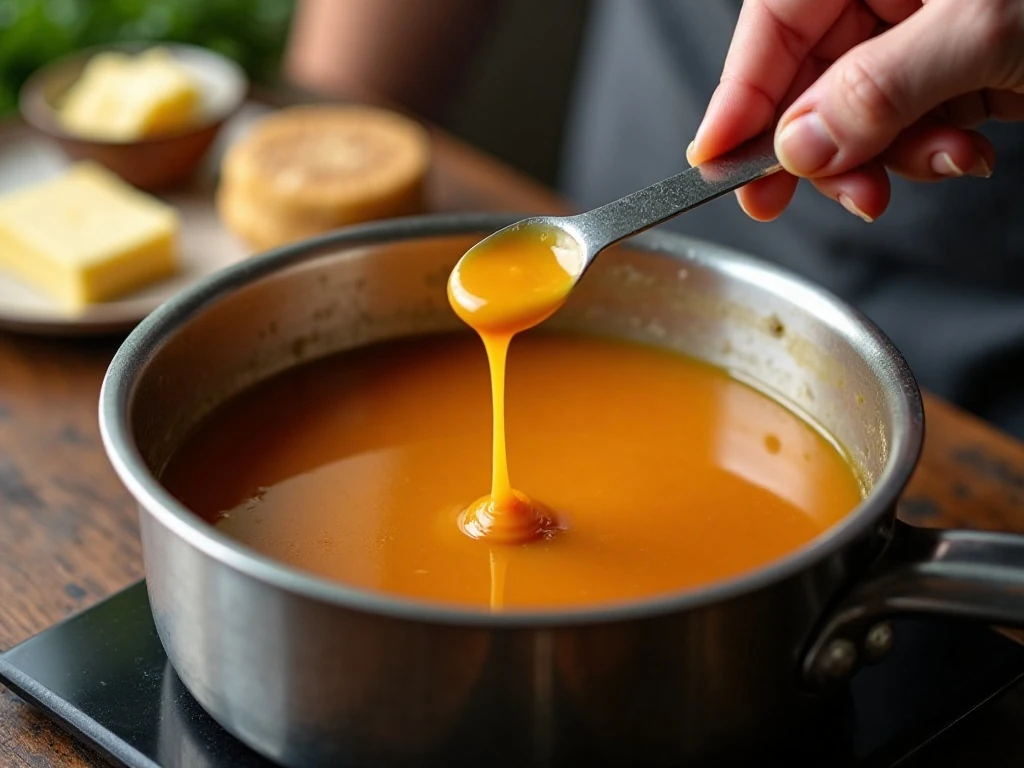 Deep amber salted caramel sauce being prepared