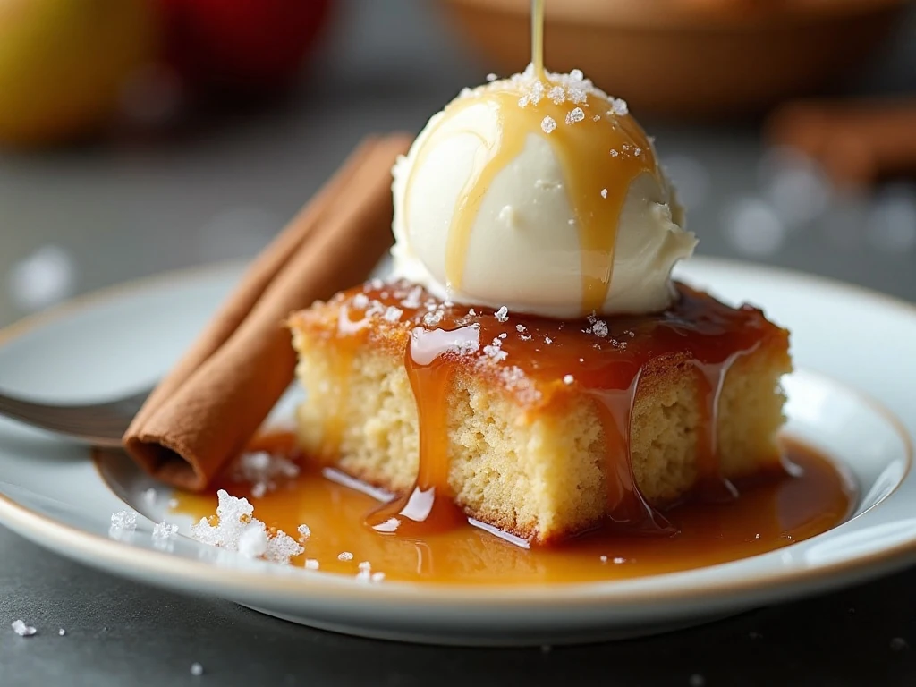Salted caramel apple cake served with vanilla ice cream