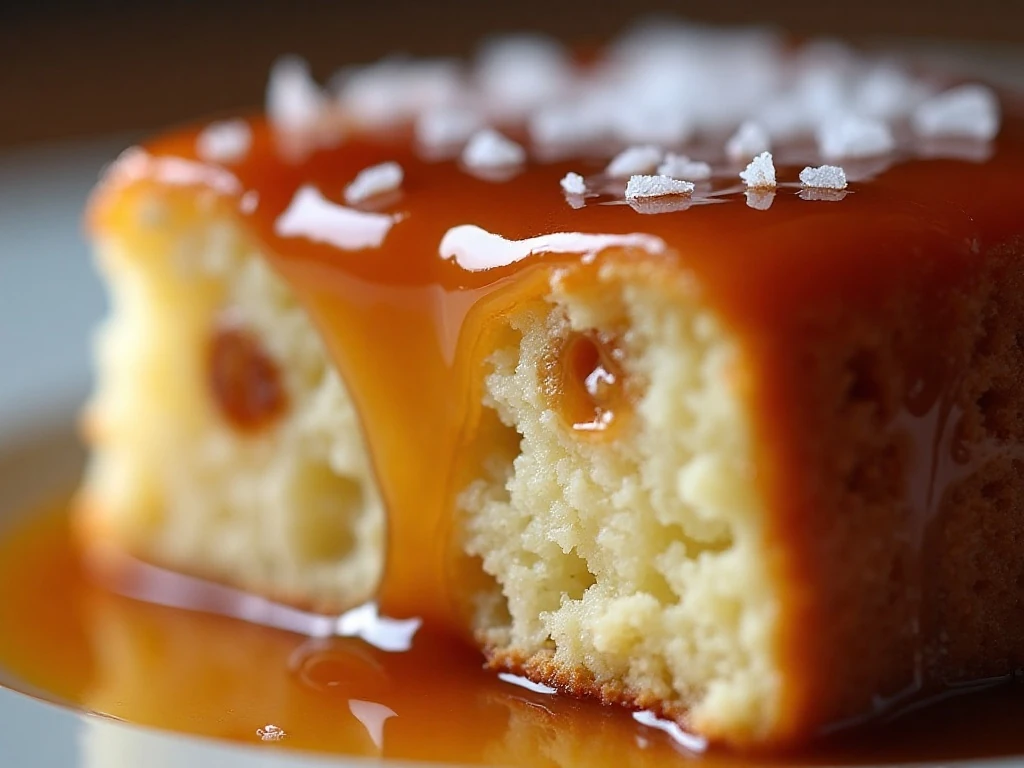 Close-up of caramel drizzle and flaky sea salt on apple cake