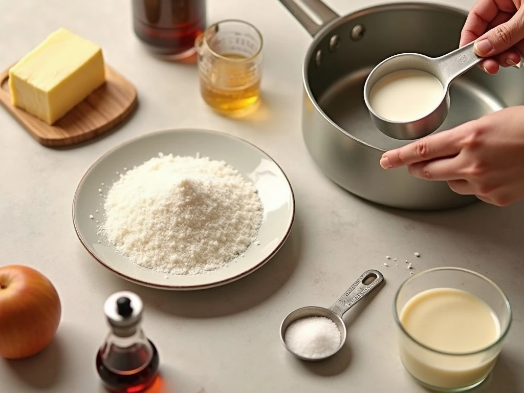Ingredients for homemade salted caramel sauce arranged beside a saucepan