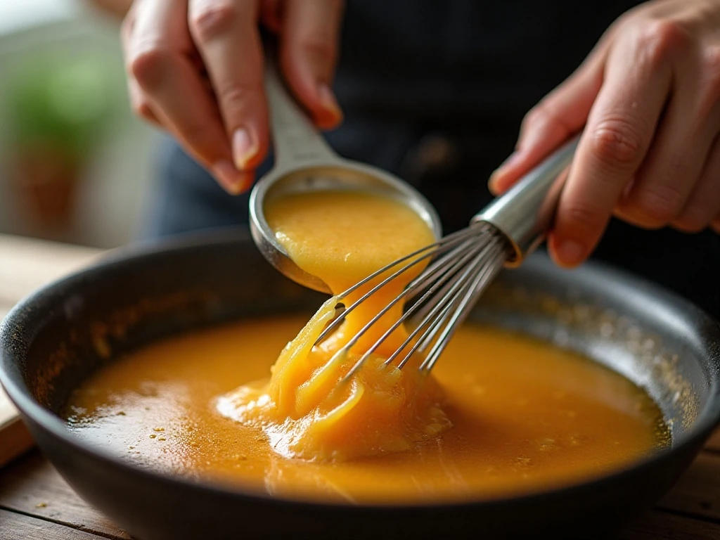Whisking melted sugar and butter to make salted caramel sauce