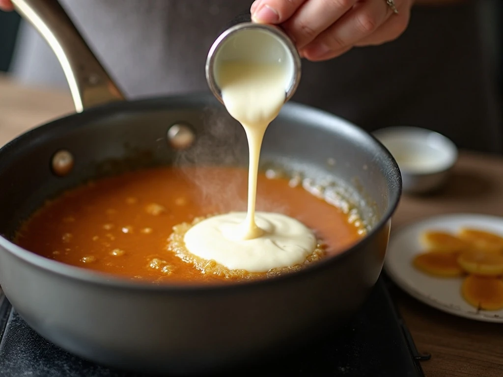 Adding cream carefully to bubbling caramel sauce